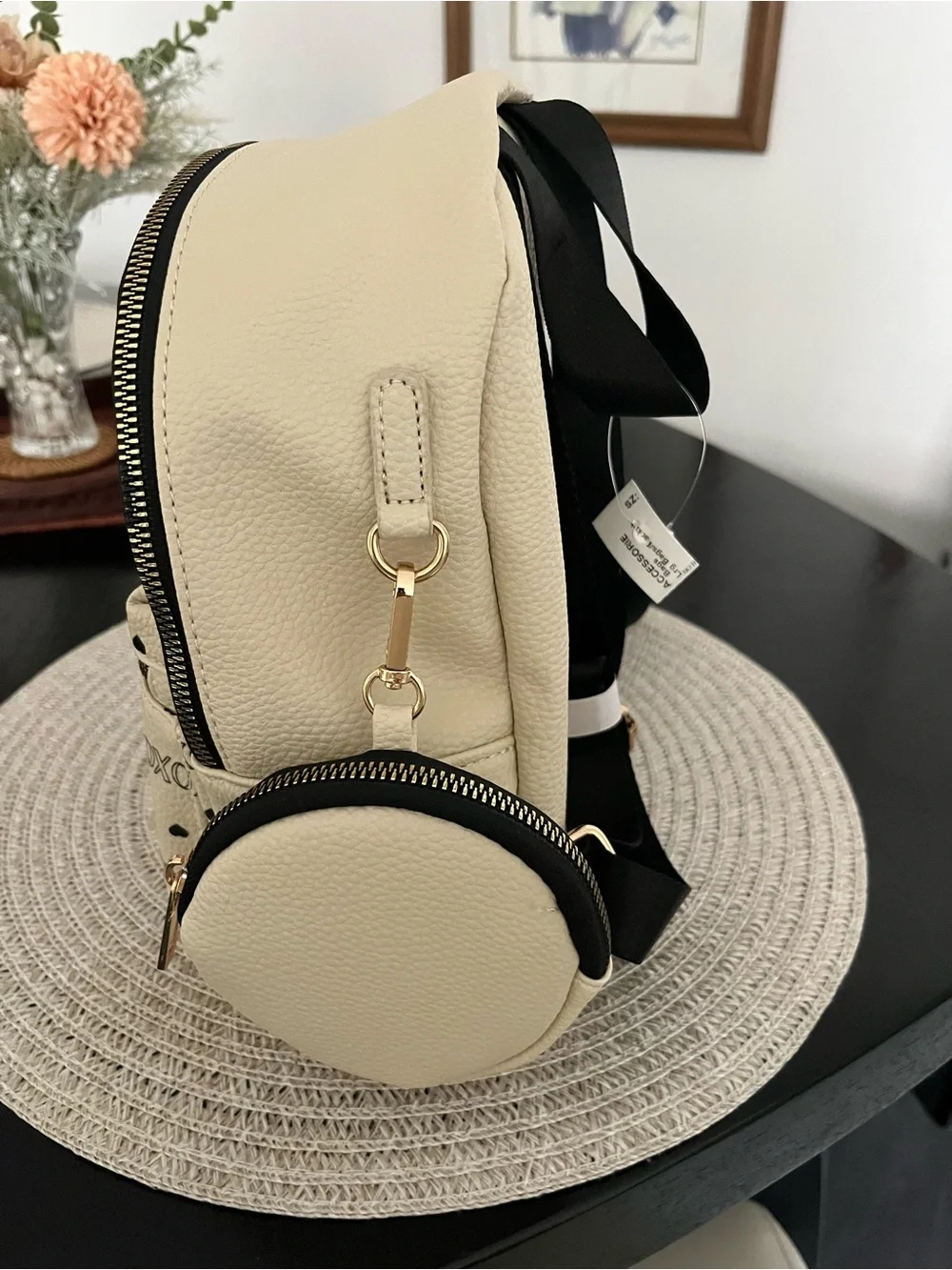 XOXO Cream Mini Backpack with Black Print and Gold Hardware